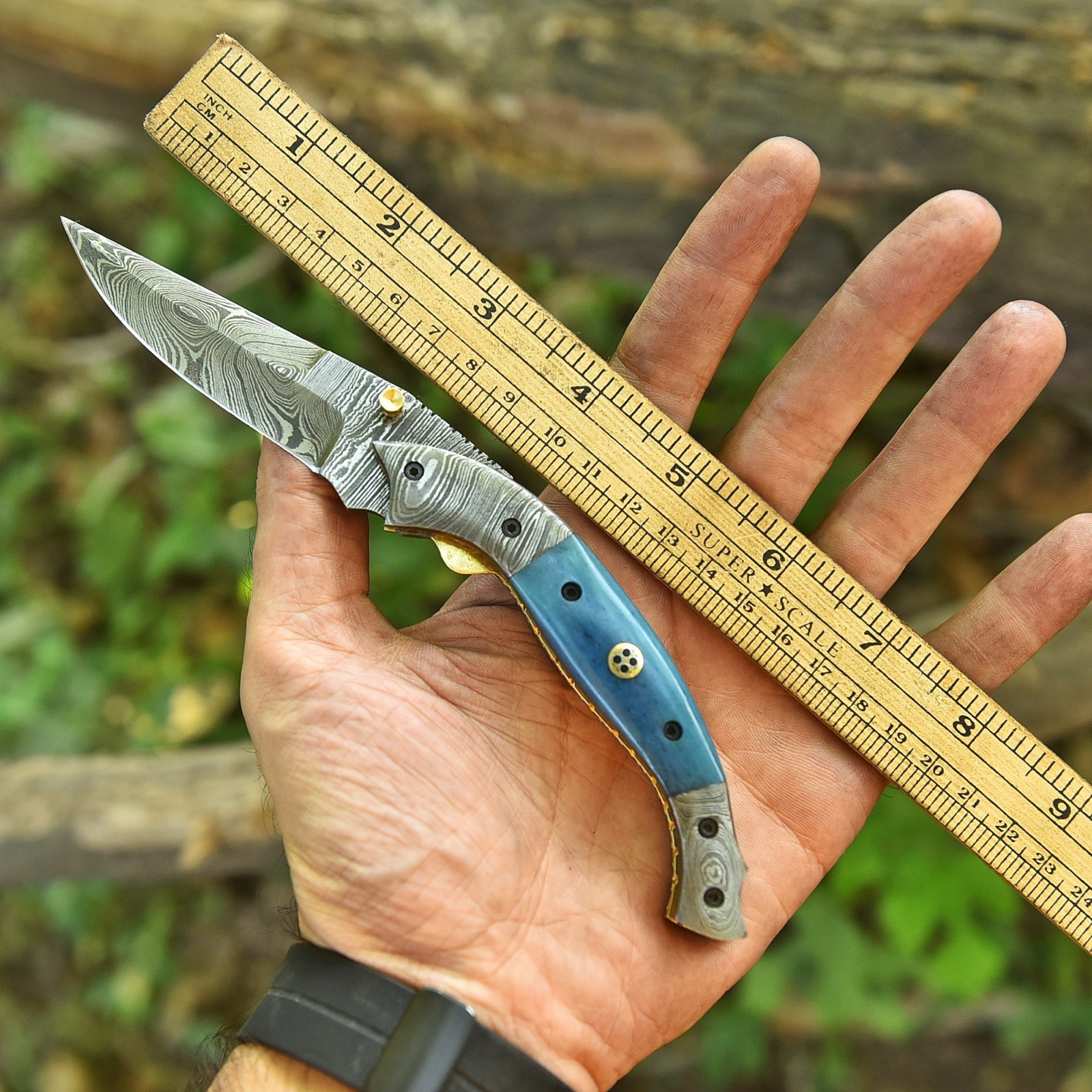 USA Pocket Knife Damascus Folding Blade Knife Camel Bone Handle