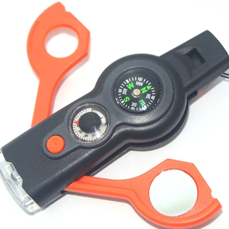 Multifunction 7 in1 Outdoor Survival Whistle Keychain with Compass Magnifier