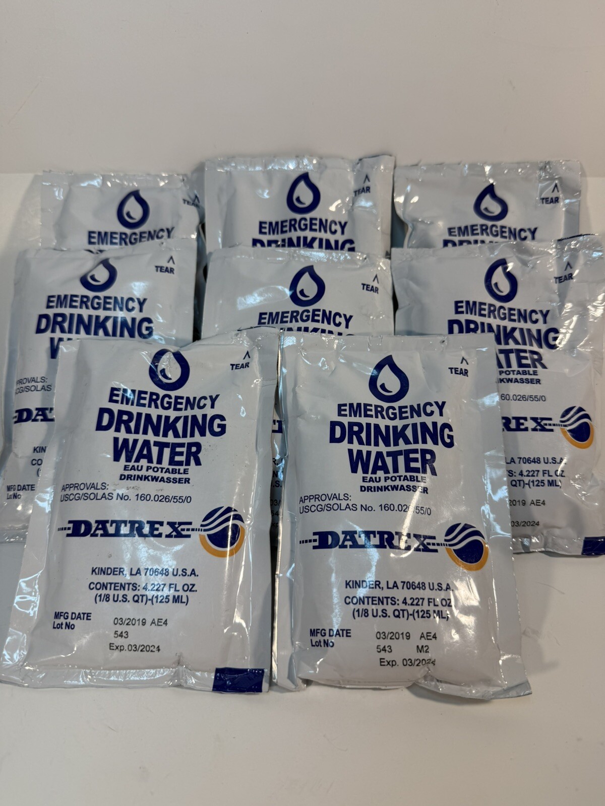 Datrex Emergency Drinking Water 4oz / 125ml – 8 Bags (EXP: 03/2024) EXPIRED