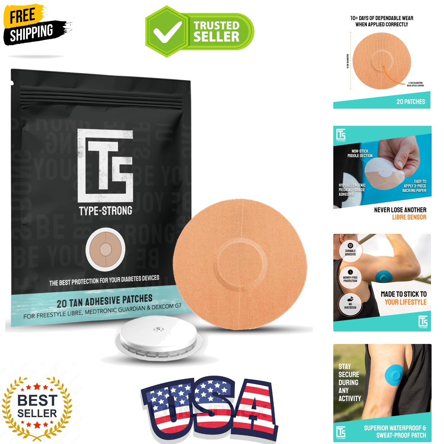 20 Pack Tan Freestyle Libre 3 Adhesive Patches. Waterproof Libre 3 Sensor Cov…