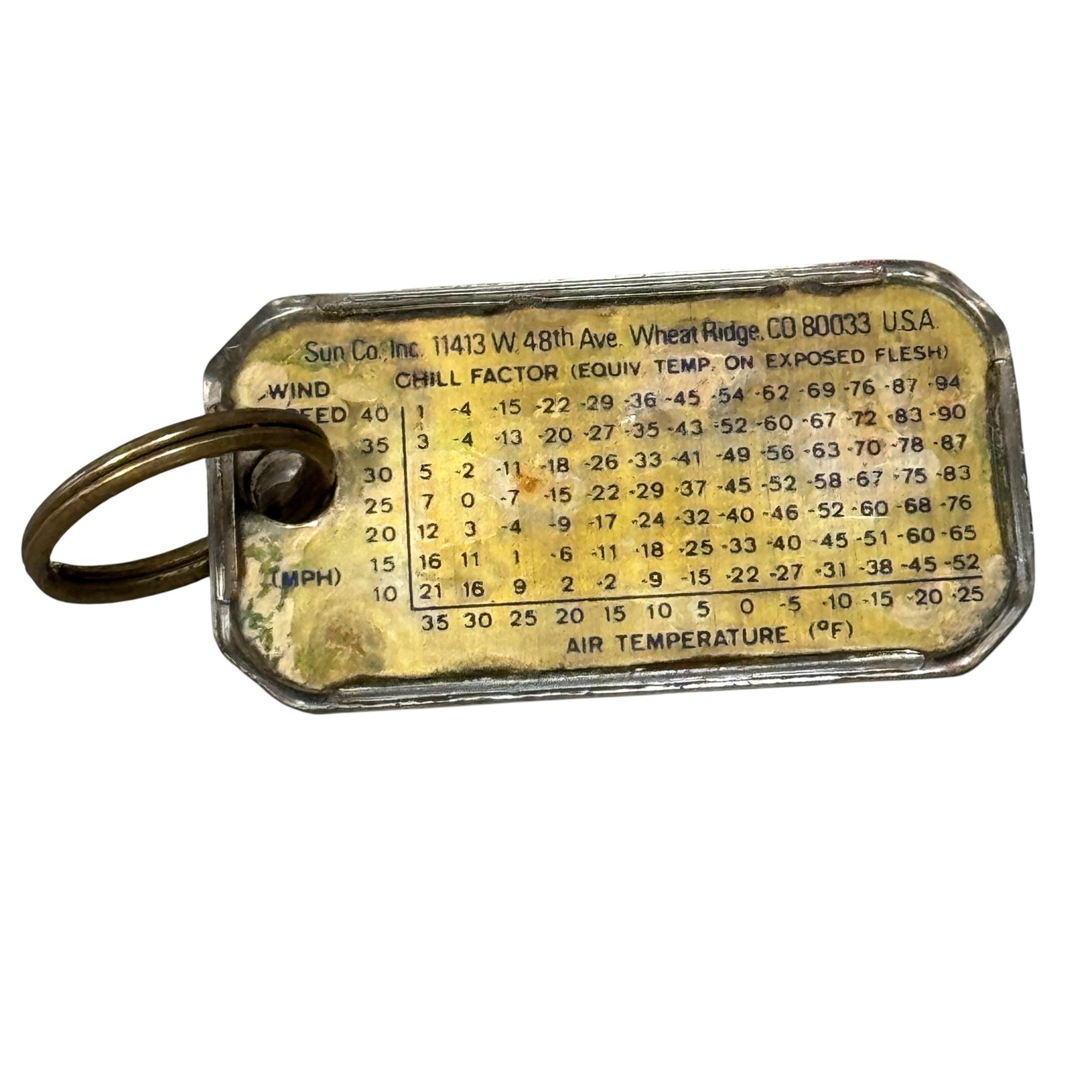 Vintage Eddie Bauer Thermometer Keychain Yellow Plastic Wind Chill Chart USA
