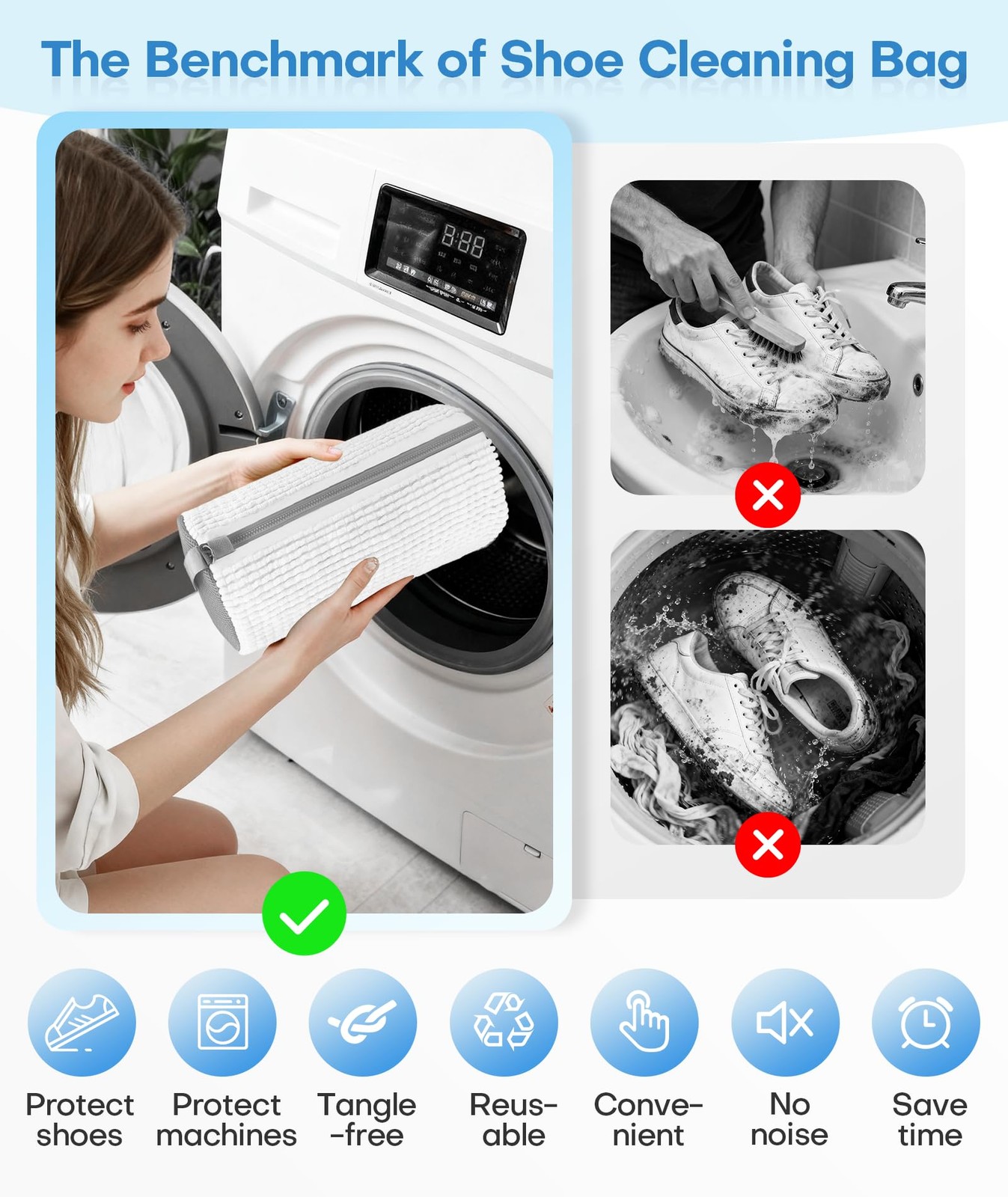 3-IN-1 Laundry & Shoe Washing Machine Bag Kit Large, White 2PC + 5 Free Gifts