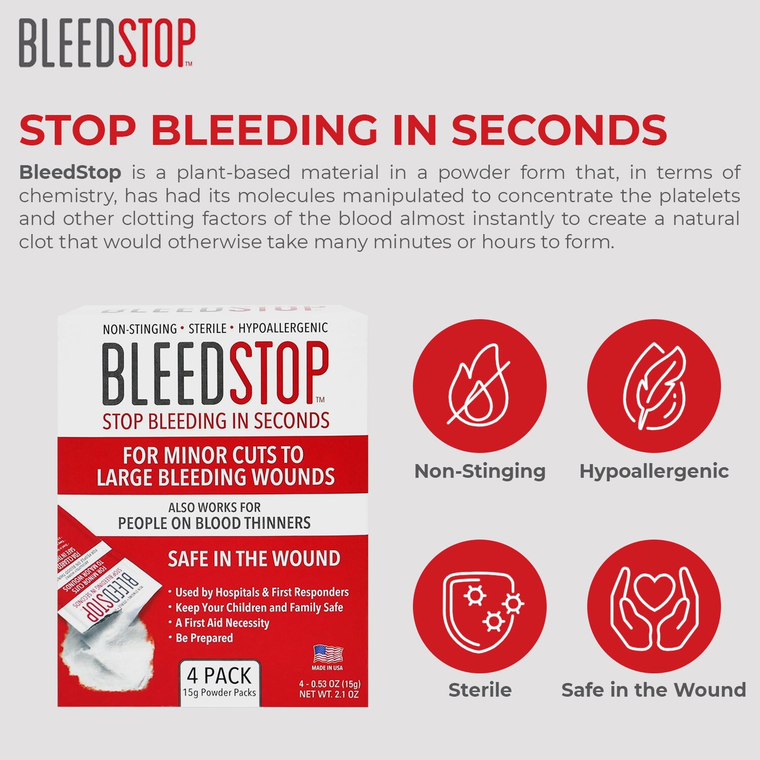 BleedStop™ First Aid Powder for Blood Clotting, Trauma Kit – 5 PK (15g) Pouches
