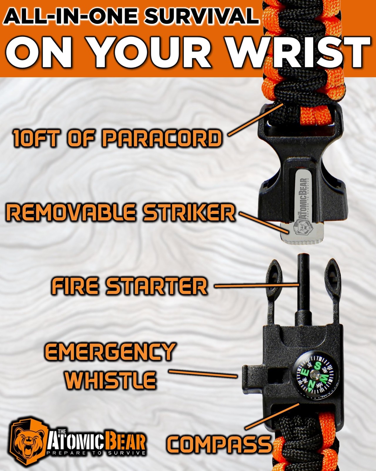 Atomic Bear Paracord Bracelet (2 Pack) – 10 5 inch, Black, Black+Orange