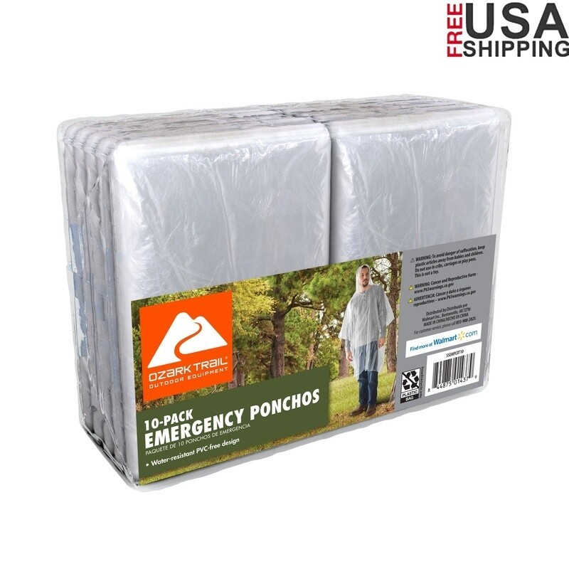 Clear Emergency Poncho 10 Pack Waterproof Hooded Lightweight Disposable Hiking