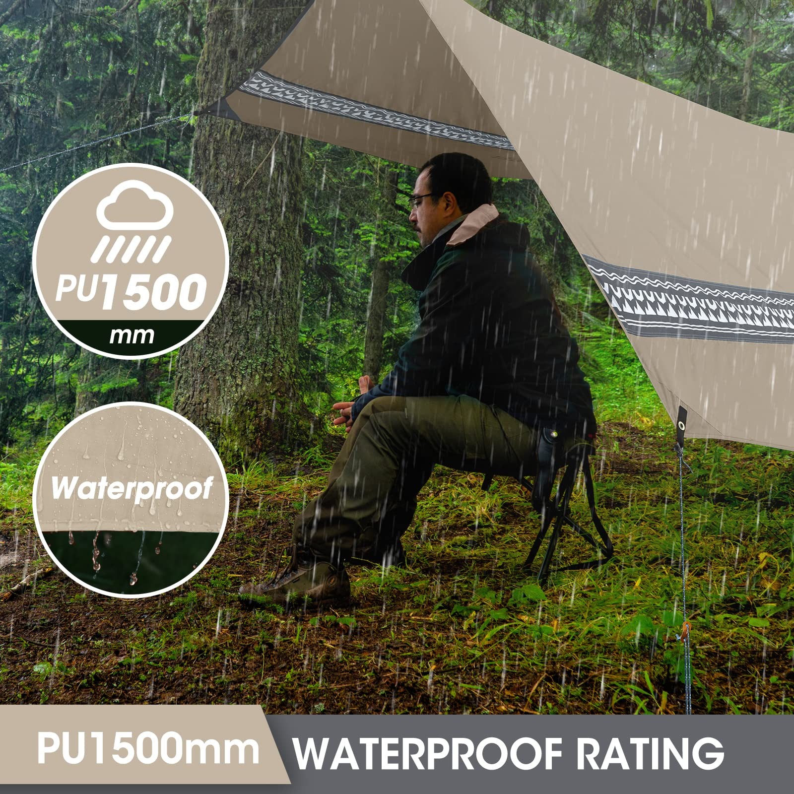 VILLEY Hammock Tent Rain Fly, Octagonal Waterproof Camping 10 x11.5FT, Khaki