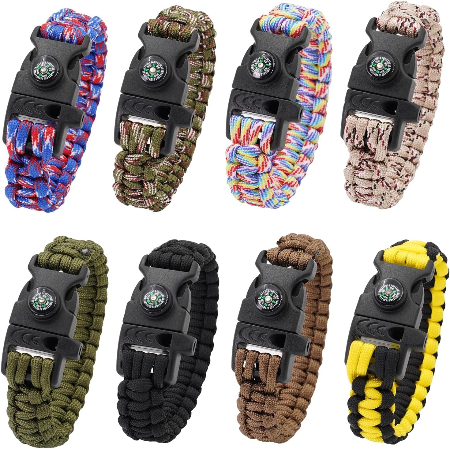 8 Pack Emergency Survival Bracelet with Whistle and Compass,Survival Kit,Wildnes