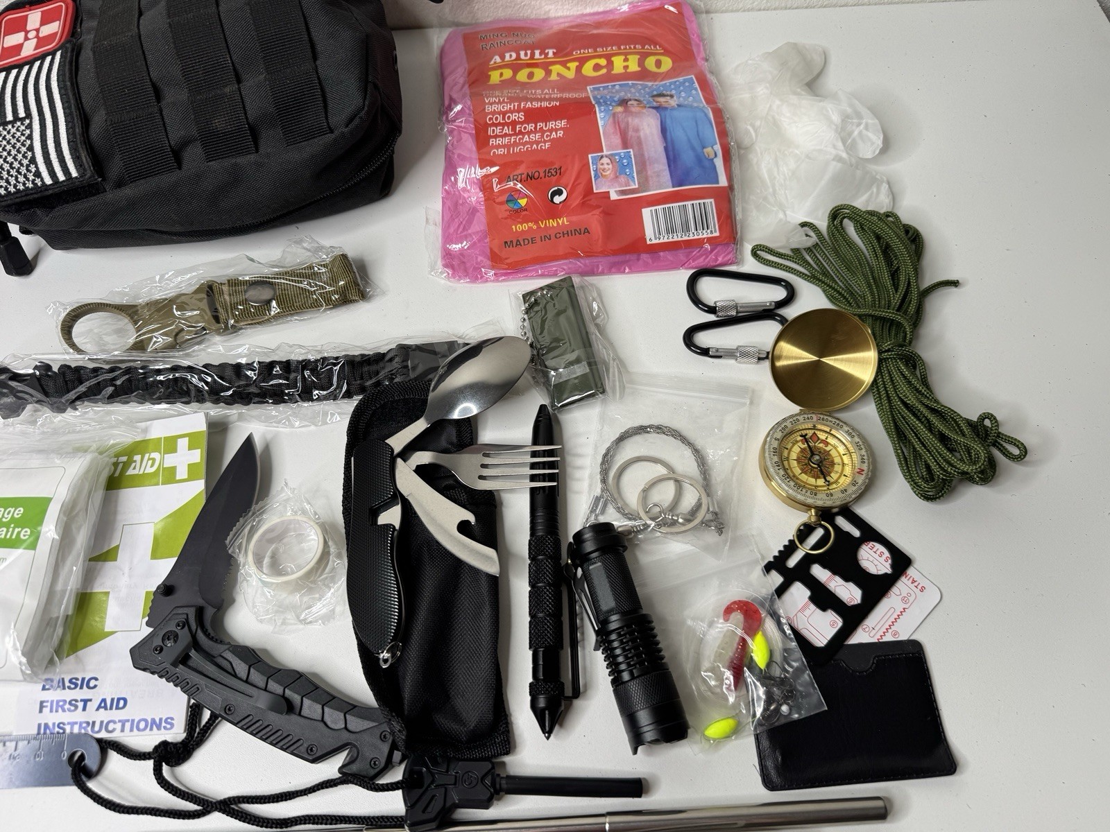 Emergency Survival Kit Bag Multi Tool Set First Aid Poncho Compass Bundle