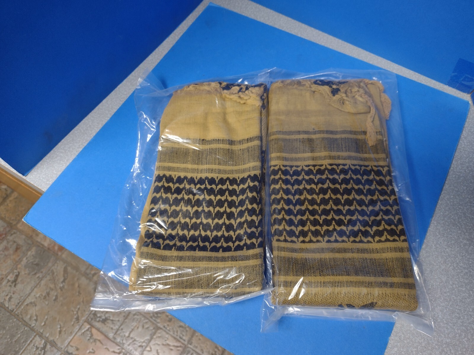SET OF 2 SHEMAGH SCARVES RIFLES TROJAN HEADS DESIGNS DESERT TAN COLOR