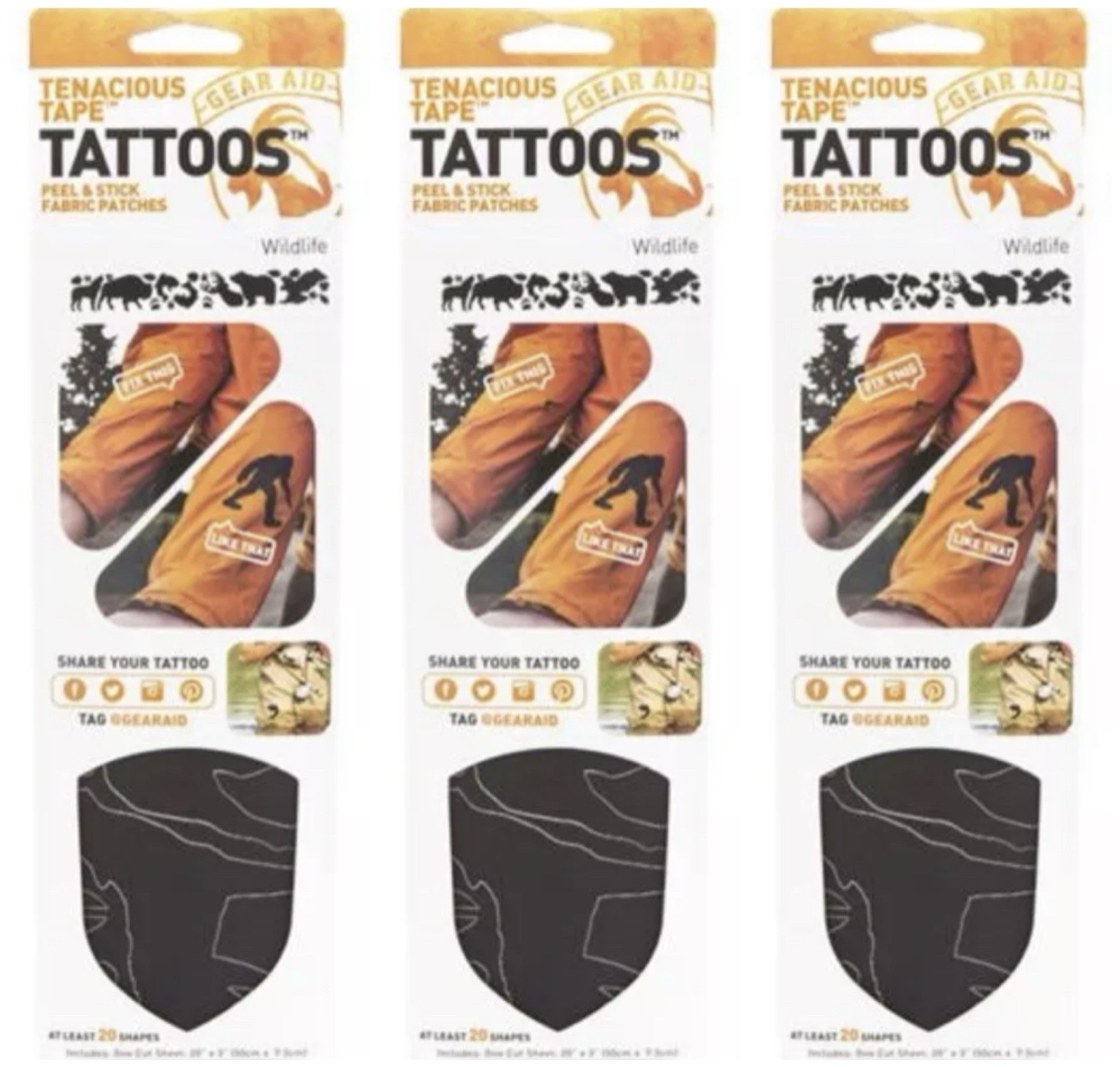 LOT OF 3 NEW Gear Aid Tenacious Tape Tattoos Fabric Repair Tape Patches WILDLIFE