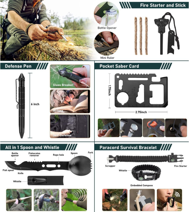 Survival Kit 262Pcs with First Aid, Tent, Axe, Shovel, Emergency Gear Bag