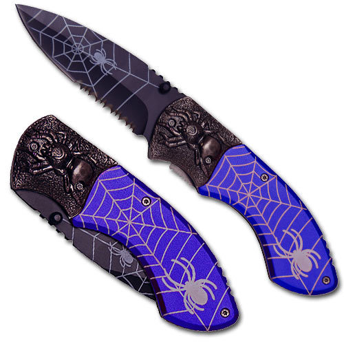 Spider Web Tactical Steel Handle Folding Knife Blue Serrated Black Widow 8″ Open