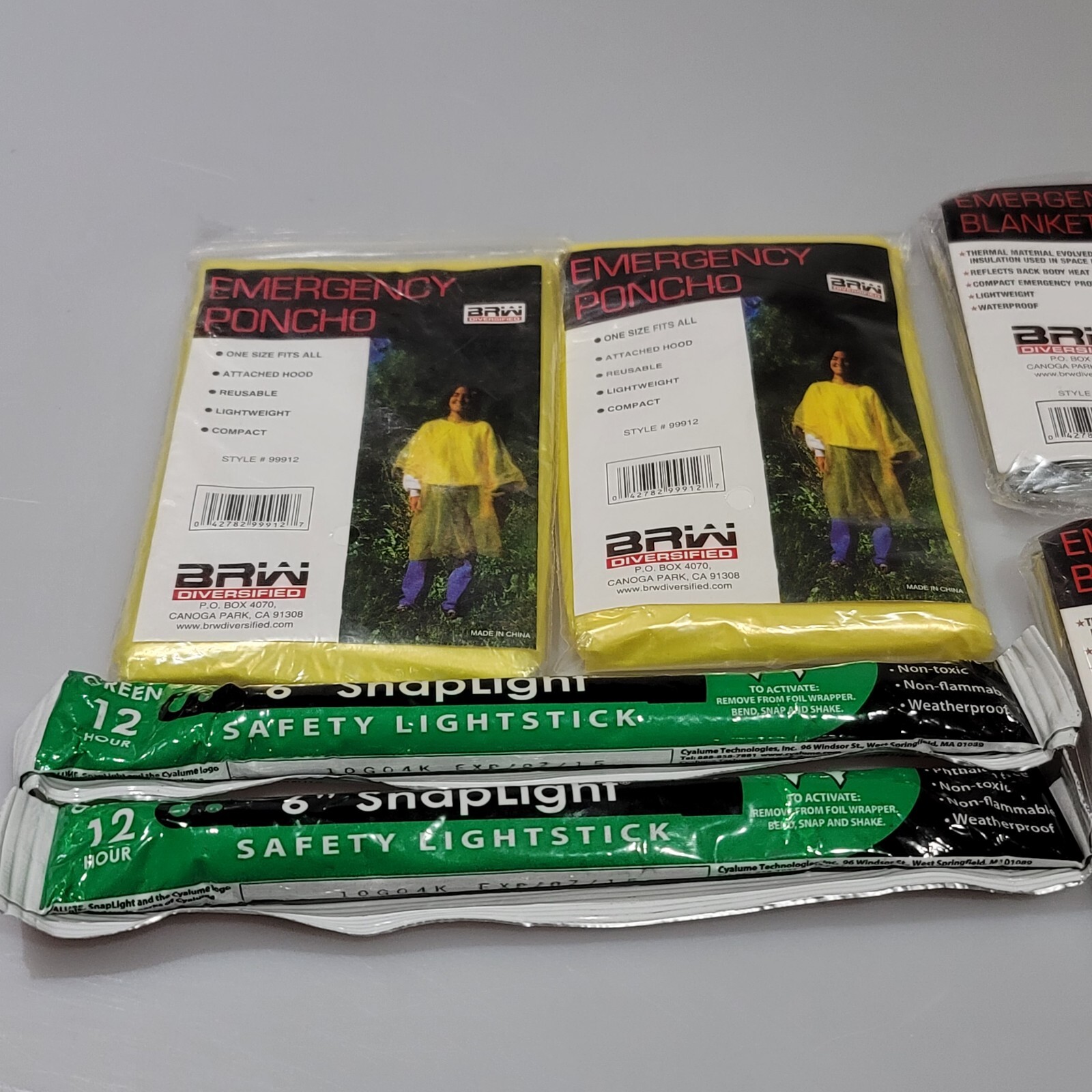 Lot of 7 Emergency Prepper Poncho/Survival Rescue Blanket Safety Kit w/Glowstick