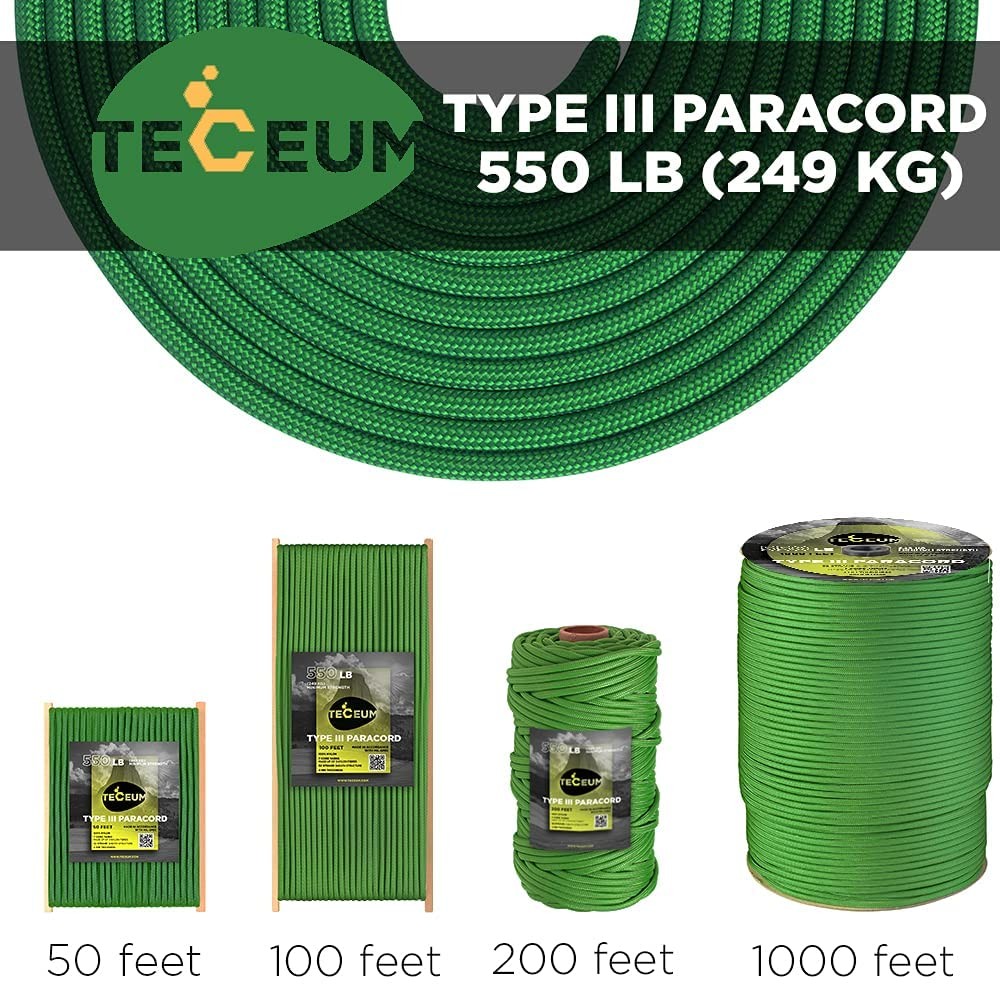 TECEUM Paracord Type III 550 Green – 100 ft – 4mm – Tactical 100 ft,