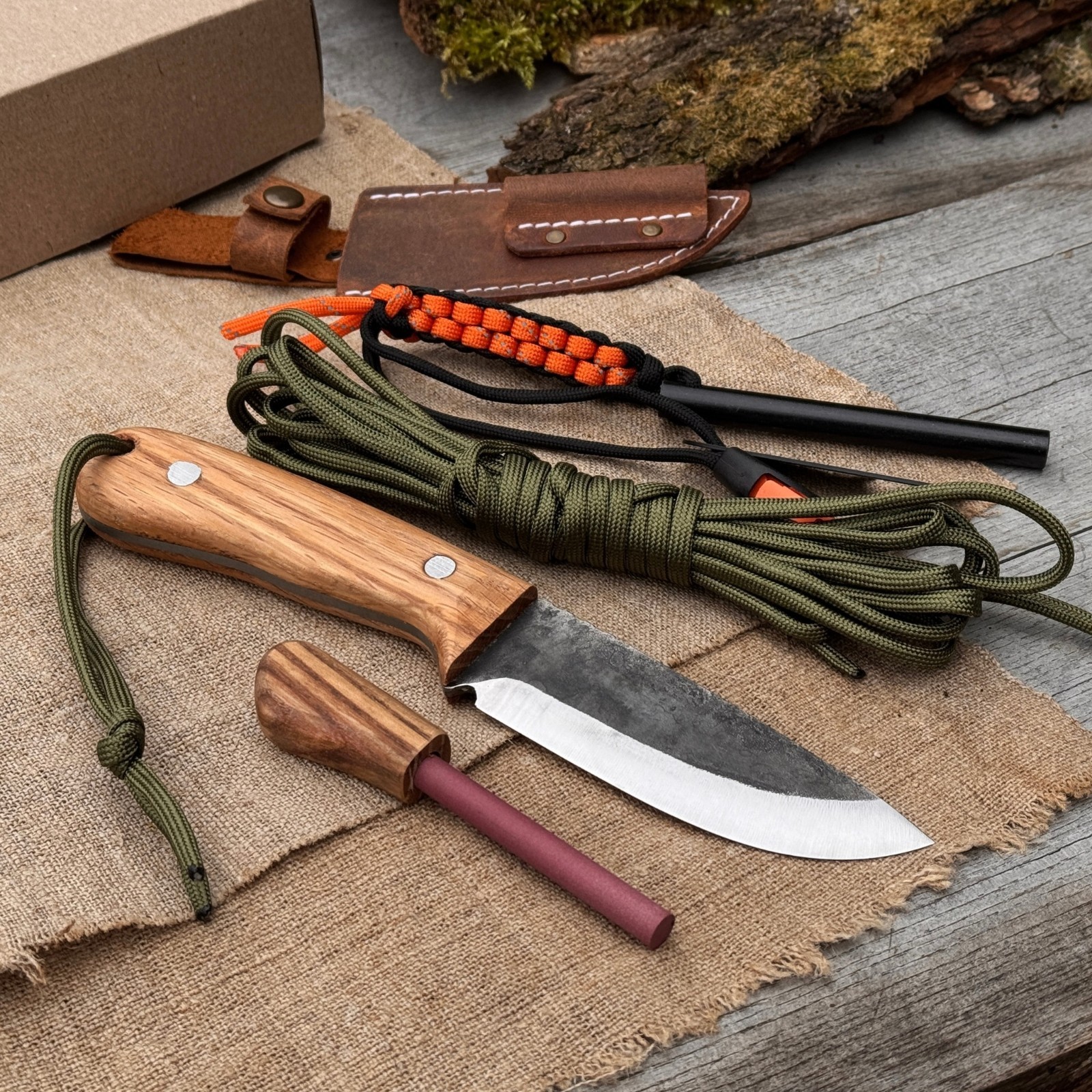 Hiking Kit Bushcraft Knife Set with Forged Knife Ferro Rod Paracord Camping Gear