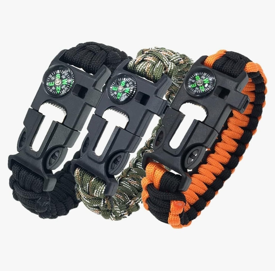 Paracord Survival Bracelets W/ Compass Fire Starter Whistle Rope Cutter 3 Pack