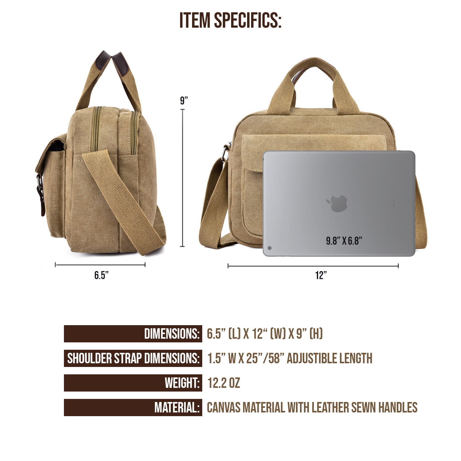 Vintage Shoulder Canvas Military Tech Bag with Padded Interior, 12x9in, 4 Colors