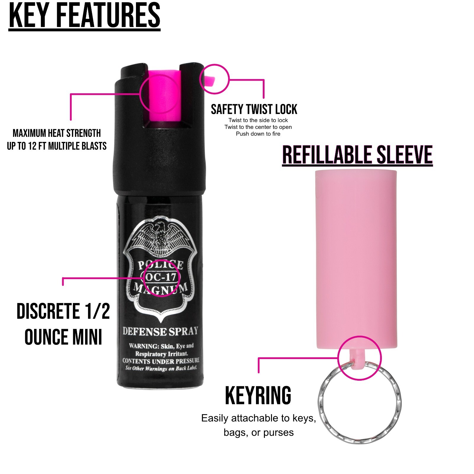 Police Magnum Mini Pepper Spray Self Defense- 4 Pack .50 oz Key Ring PINK Sleeve