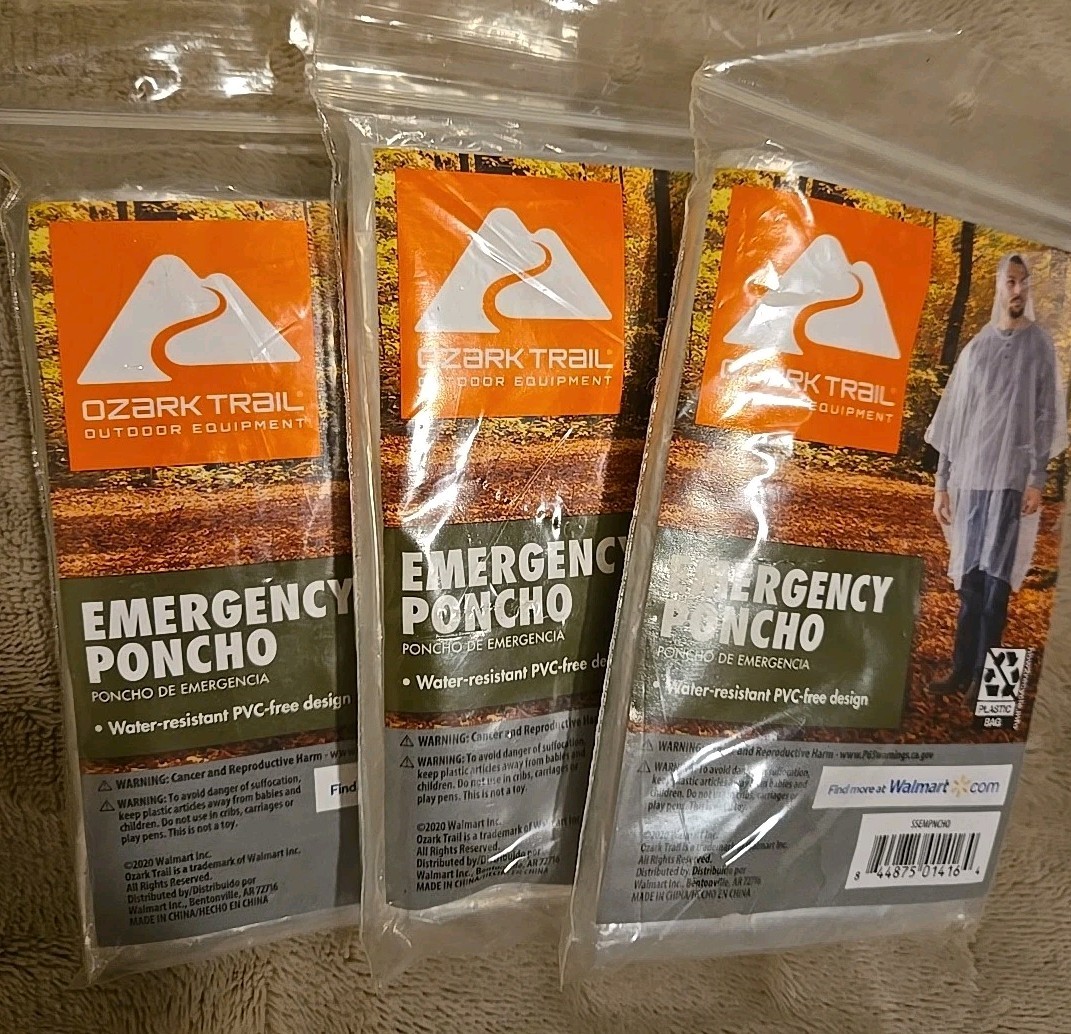 3-pack OZARK TRAIL clear emergency hooded poncho NEW!