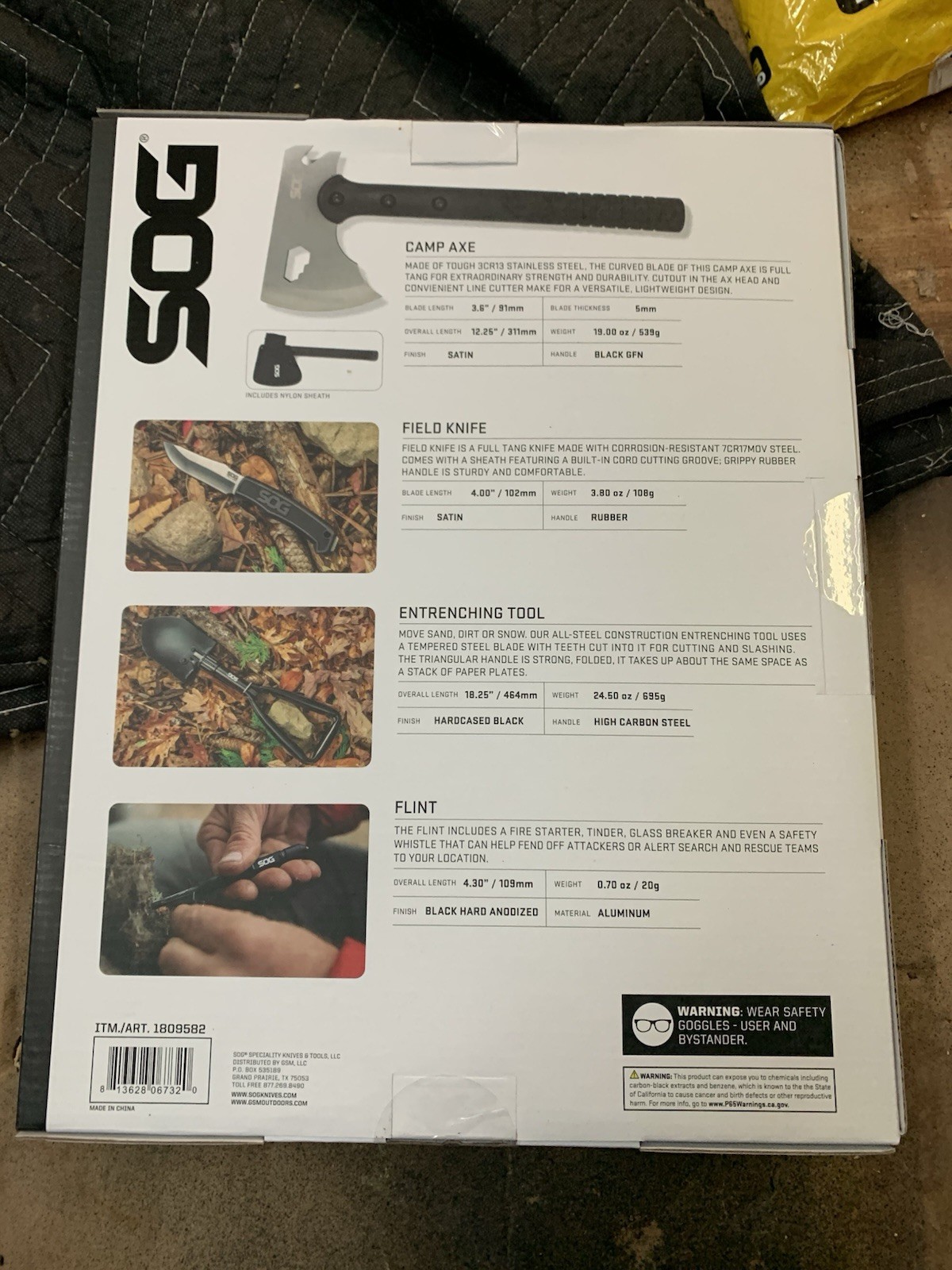 SOG Survival Kit Field Knife Camp Axe Entrenching Tool Flint Lightweight Black