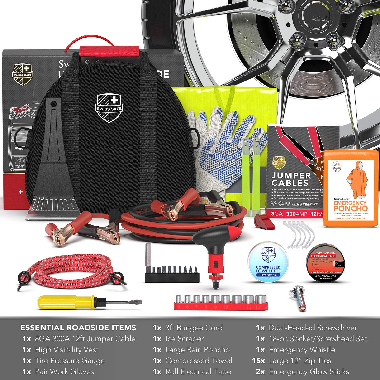 Swiss Safe 2-in-1 Car Emergency Kit | 12-FT Heavy-Duty Jumper 348 Piece Set