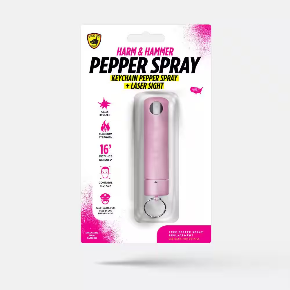 2-In-1 Pepper Spray, Harm and Hammer, with Auto Glass Breaker, Pink