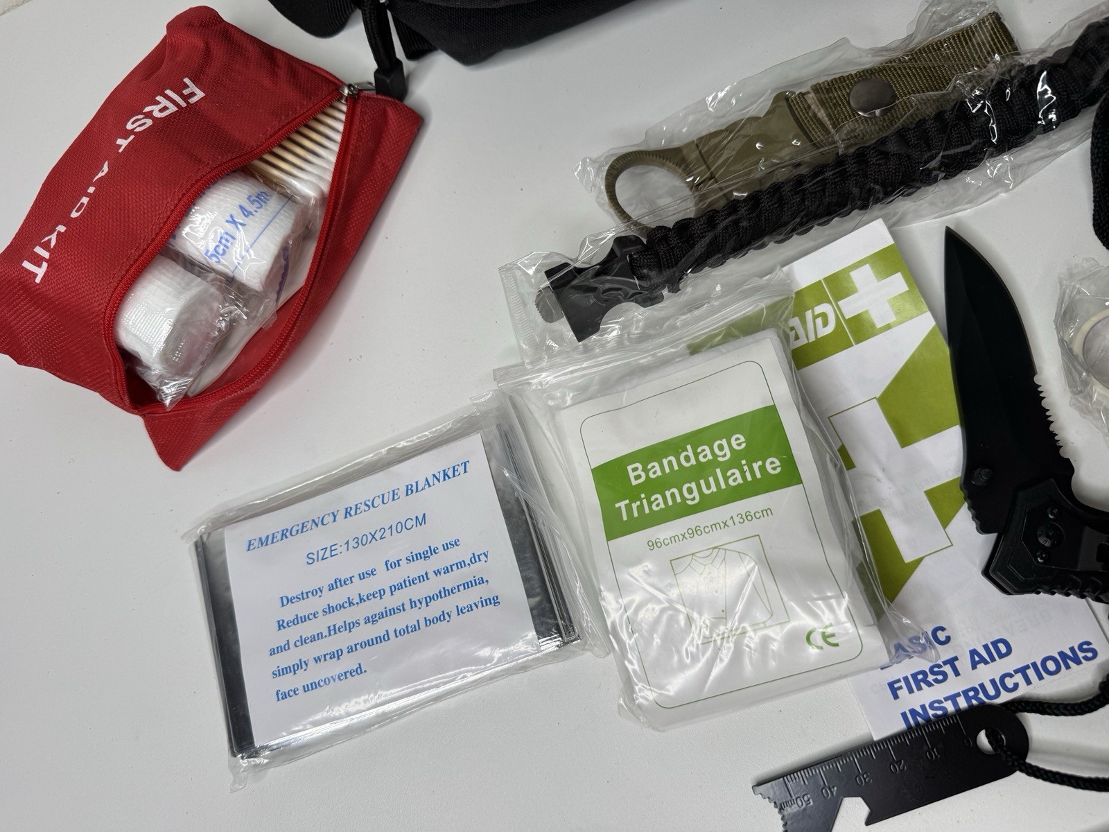 Emergency Survival Kit Bag Multi Tool Set First Aid Poncho Compass Bundle