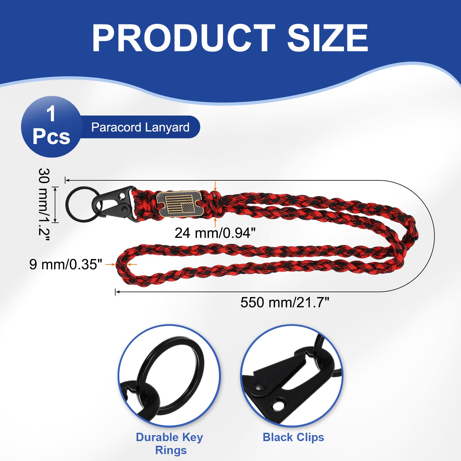 Paracord Lanyard, Strong Lanyard with USA Flag, Red Black Camouflage