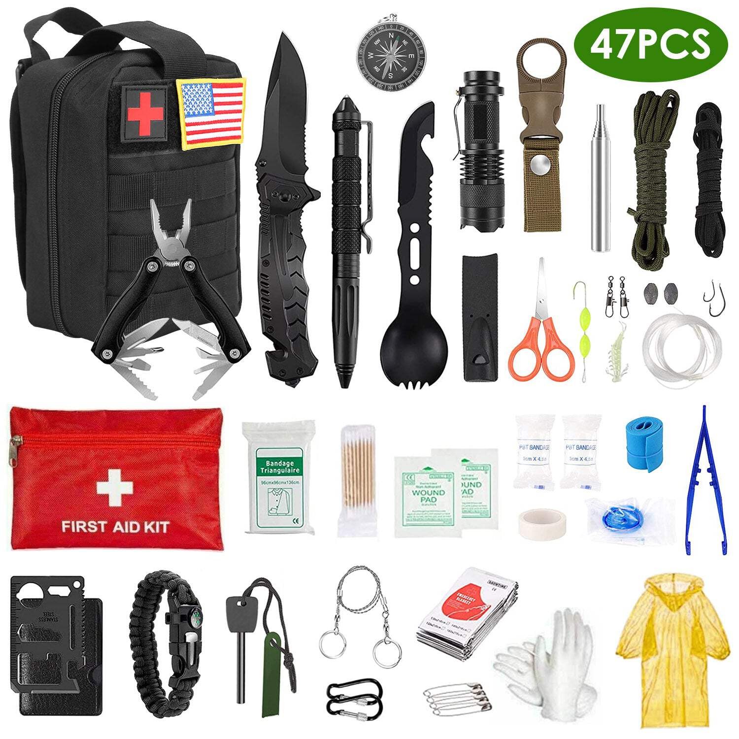 47Pcs Emergency Survival Kit Survival EDC Gear Equipment Tool First Aid Supplies