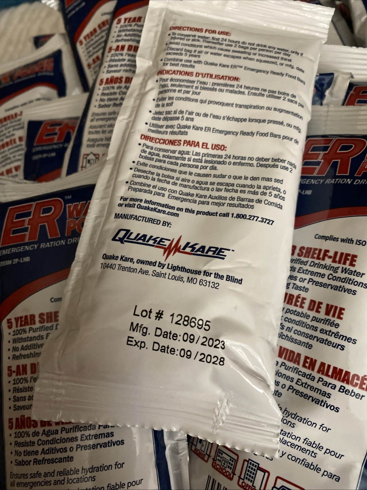ER Water Pouch Emergency Ration Drinking Water 5-Year Shelf Life -23 Pouches