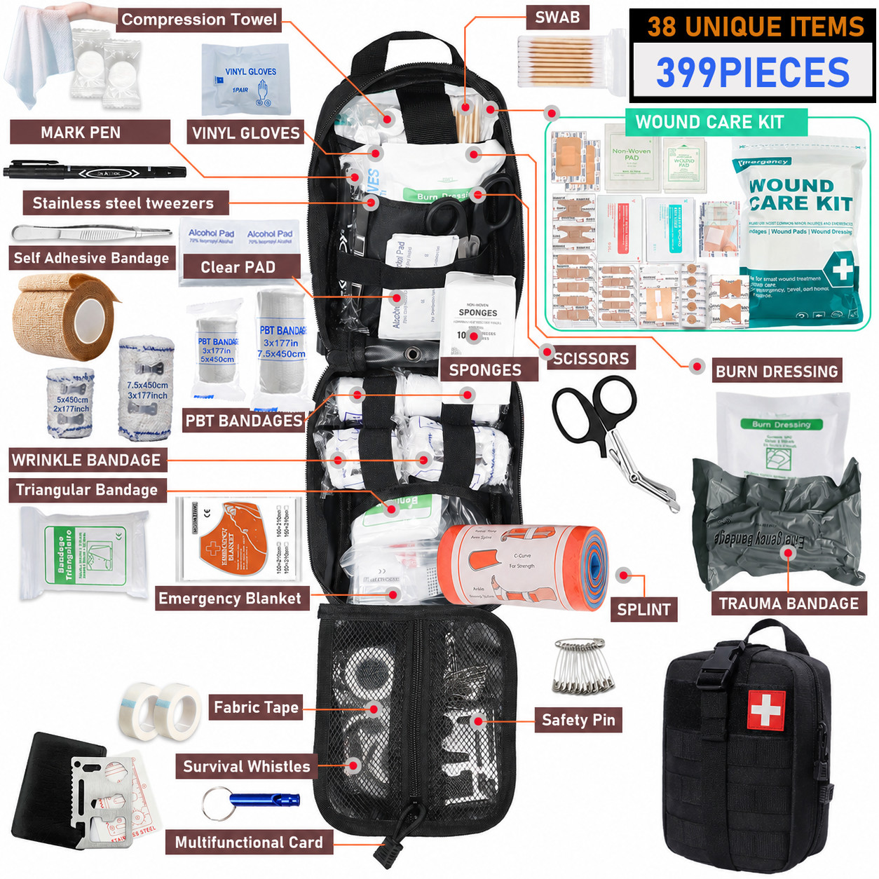 399pcs Professional Portable First Aid Kit Survival Gear For Hiking, Camping