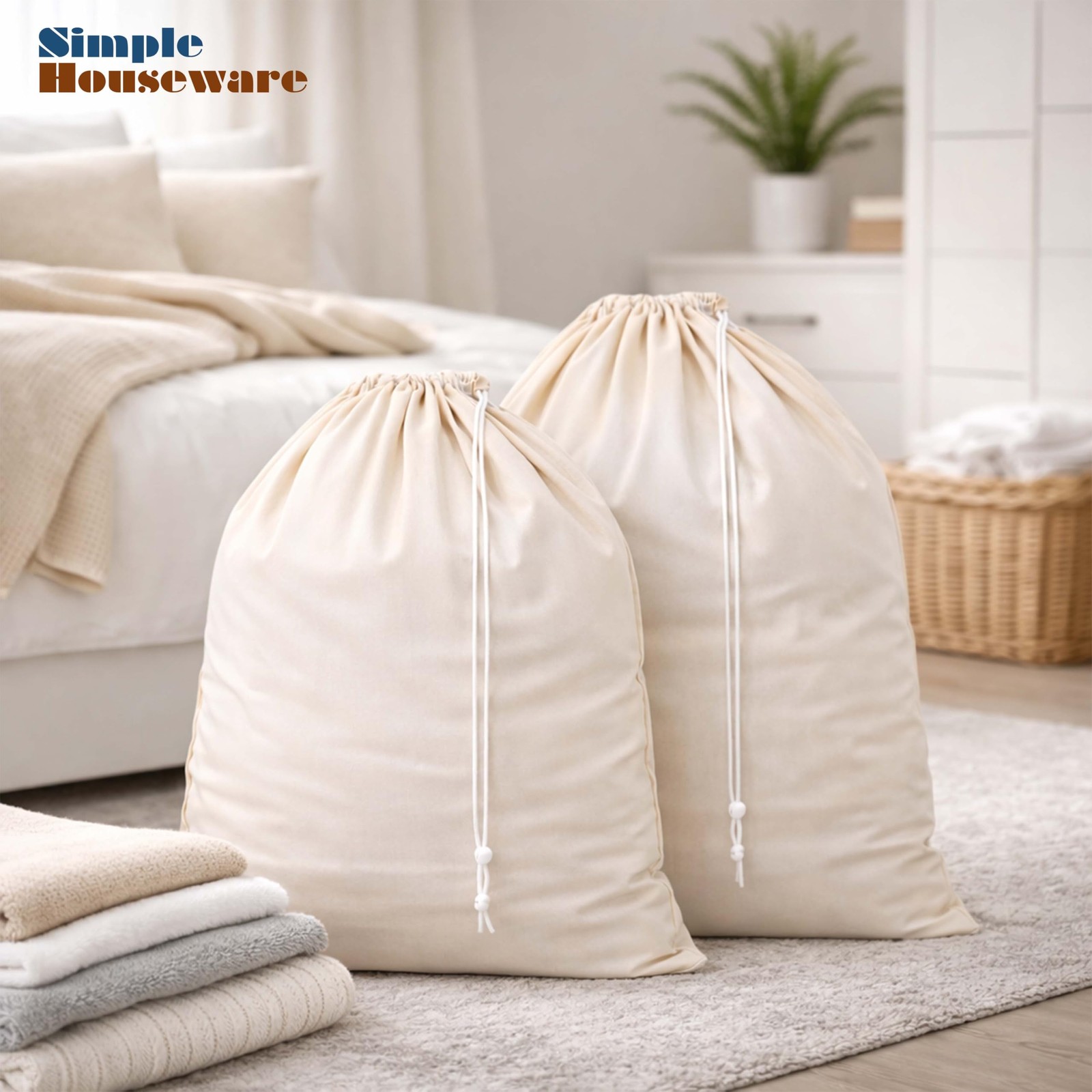 Simple Houseware Extra Large Natural Cotton Laundry Bag, 2 Pack,