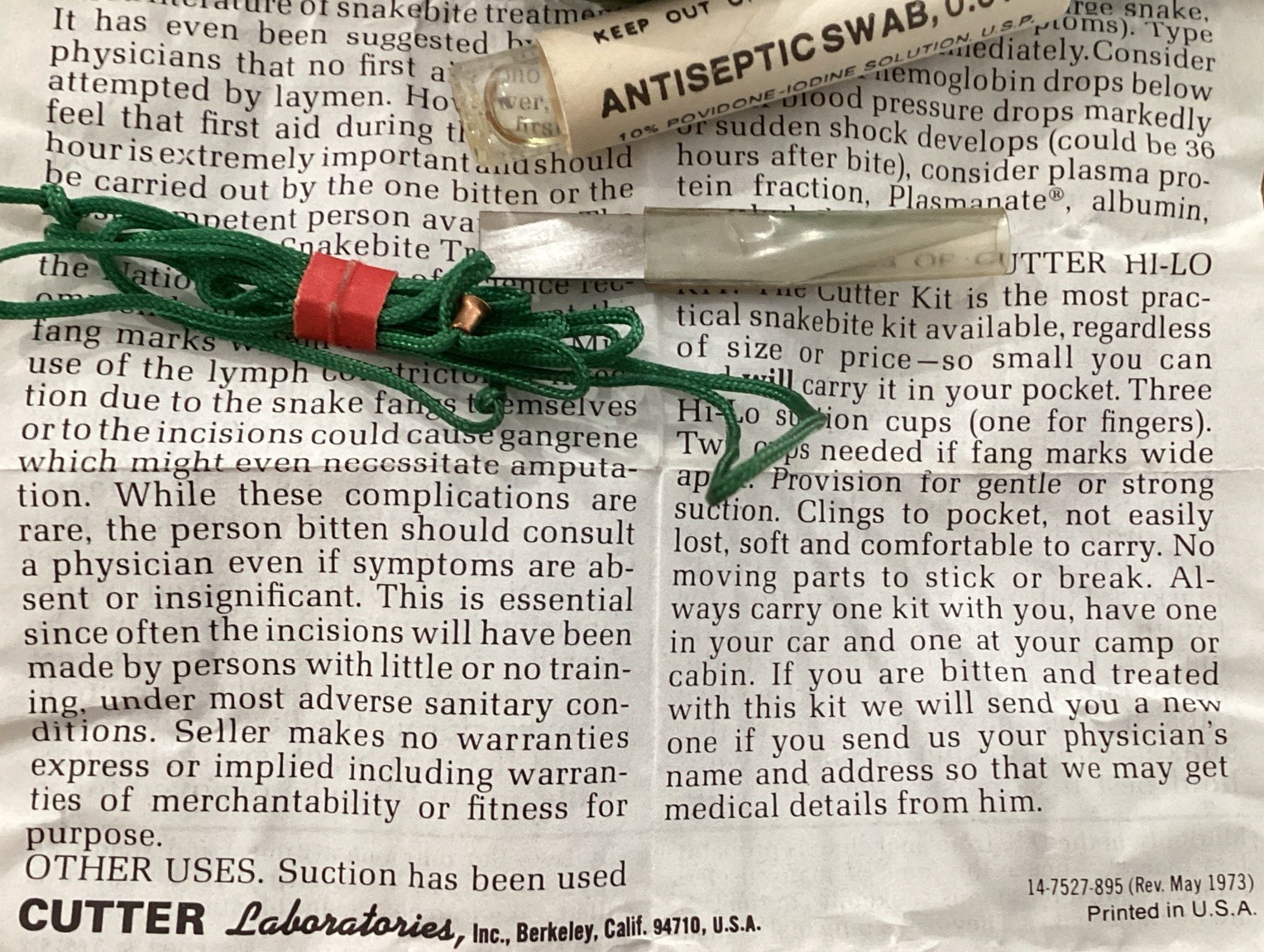 Vintage Cutter Brand Hi-Lo Snake-Bite Kit, Survival, Compact, Olive-Drab, 1973