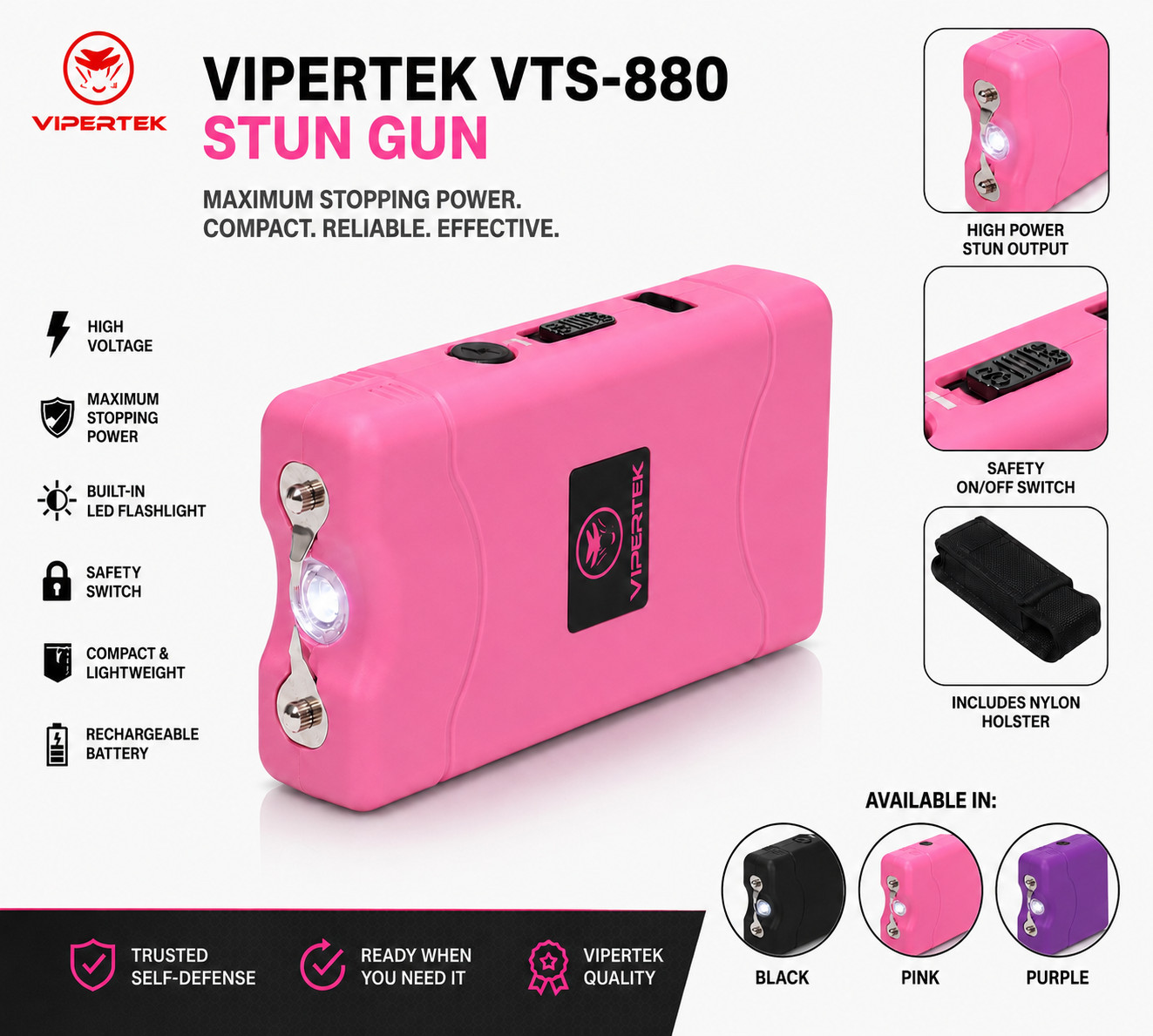 VIPERTEK Stun Gun Self Defense Rechargeable 350bv With Case