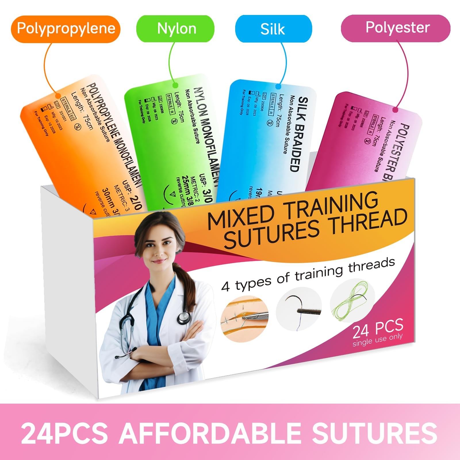 Sutures Thread with Needle (24 Mixed 2/0, 3/0, 4/0, 5/0) – Practicing…