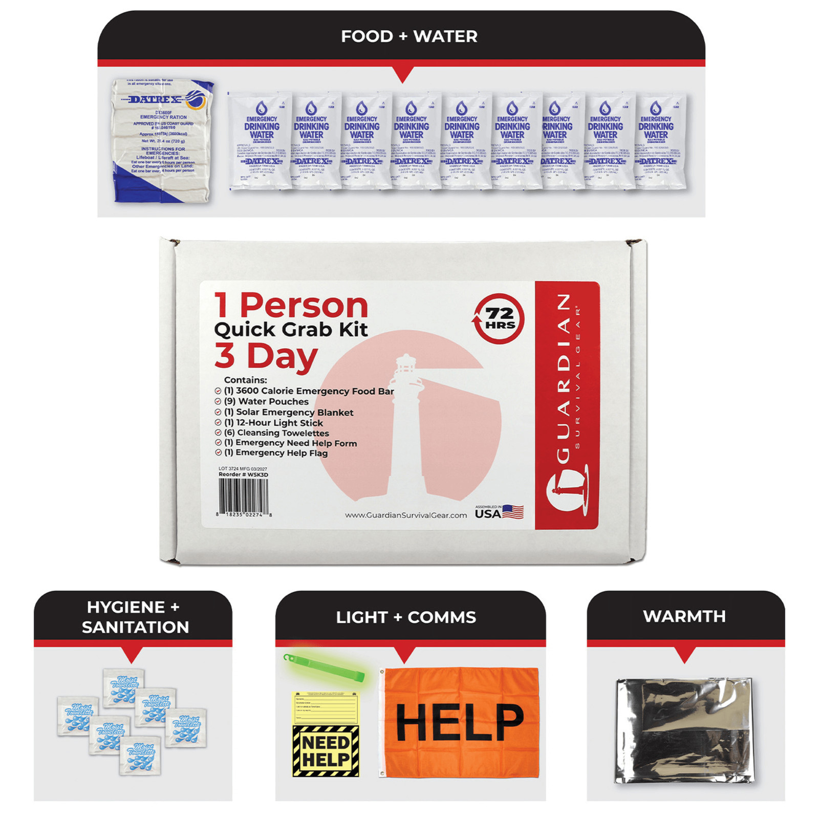 WSK 72-Hour Emergency Survival Grab Bag Kit with Water Pouches and Food Bars