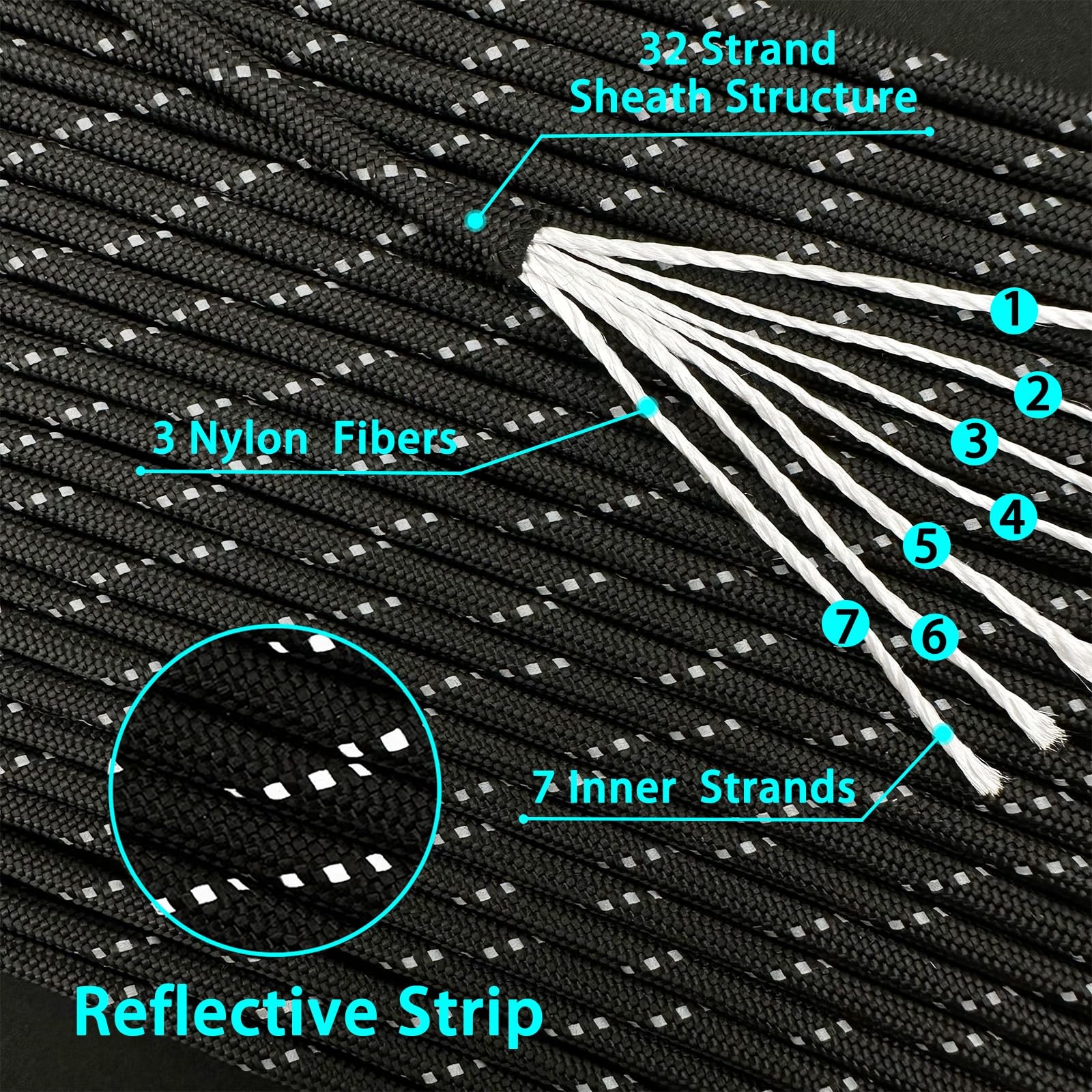 VVAAGG Reflective Paracord Rope 100FT, 7 Strand Nylon para Cord Black