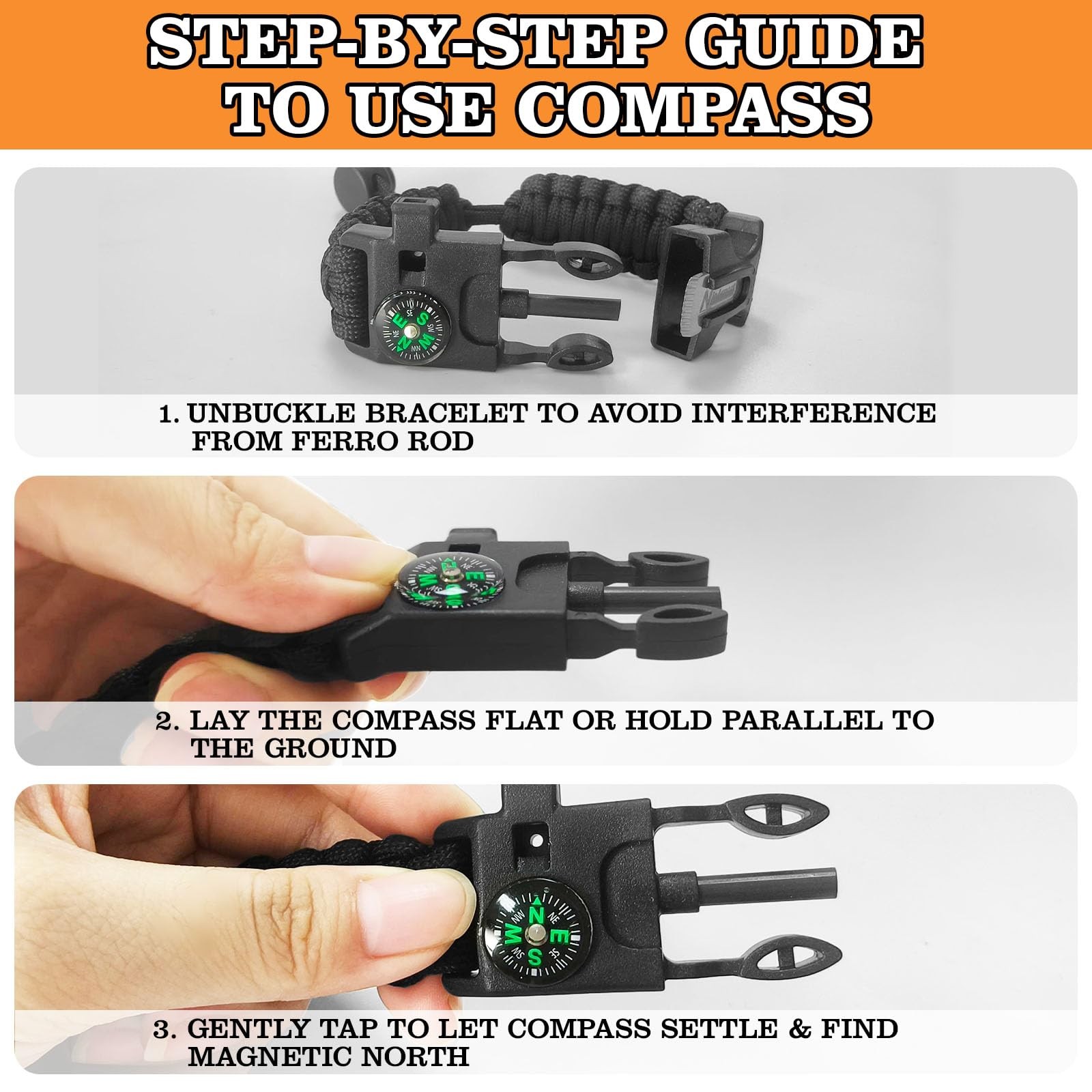 Survival Paracord Bracelet 3 Pack Fire Starter Whistle Compass Heavy Duty Outdoo