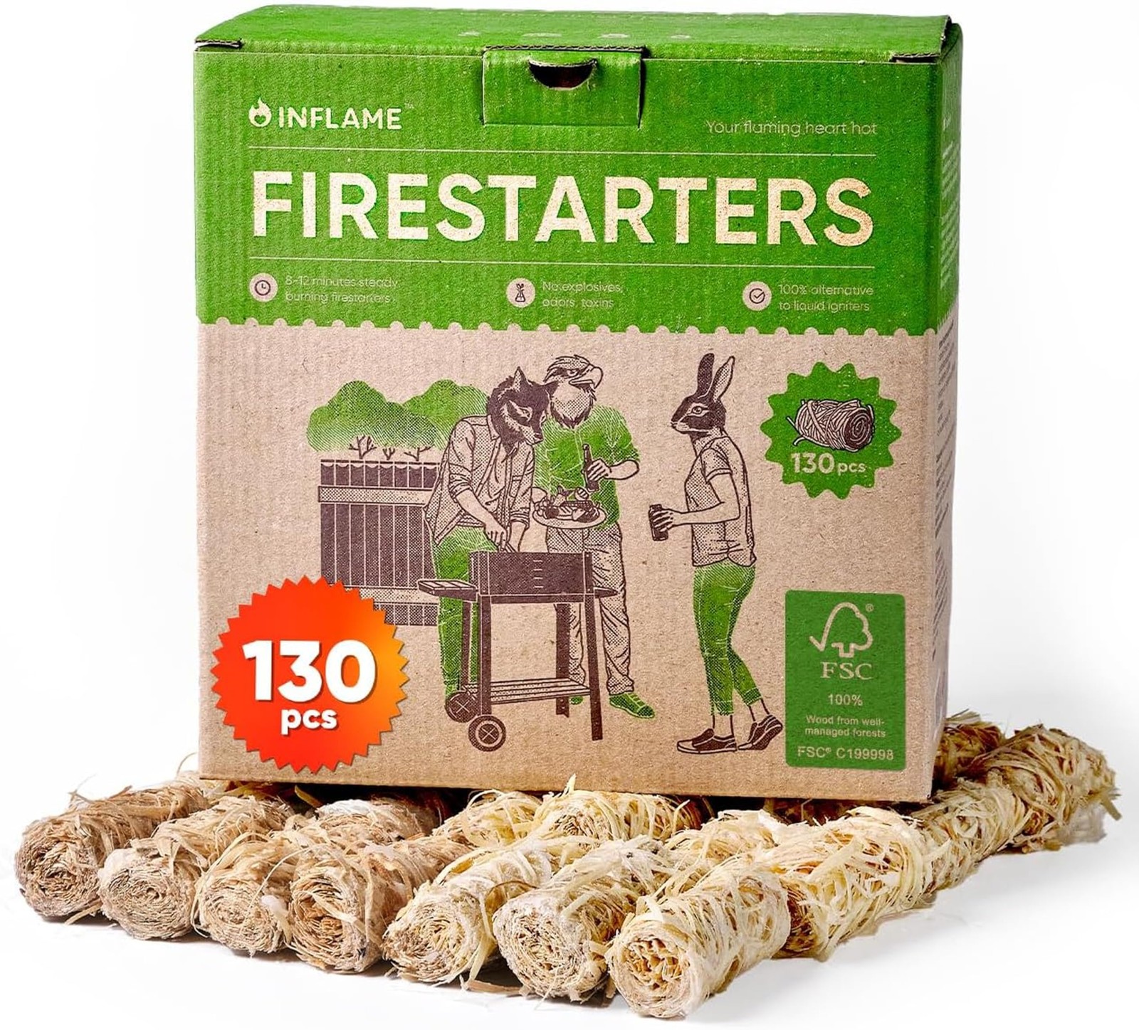 Inflame Fire Starters 130 pcs for Campfires, Grill, 130 pieces