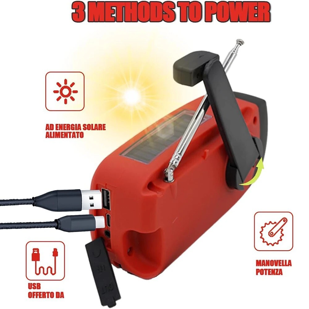 2000mAh Rechargeable Solar Radio Emergency Light Waterproof Portable Flashlight