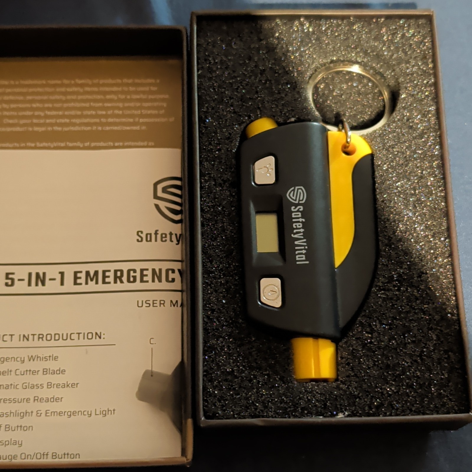 SafetyVital 5-in-1 Emergency Keychain Multi-Tool Black/Yellow Battery Required