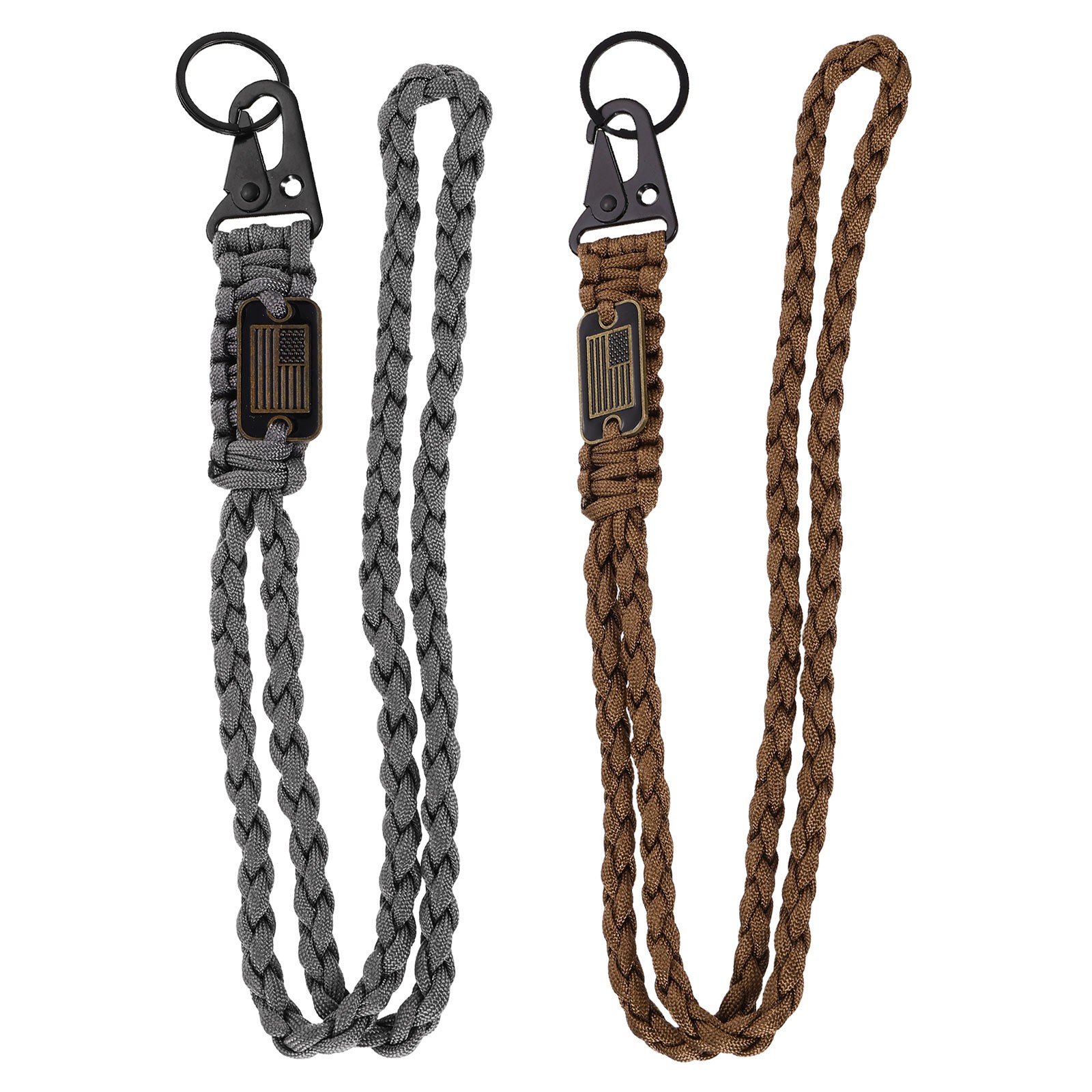 2Pcs Paracord Lanyard, Strong Lanyard with USA Flag, Brown, Grey