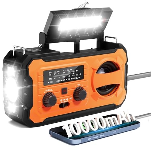 Hand Crank Emergency Radio, 10000mAh Weather Radio with AM/FM/NOAA, Orange