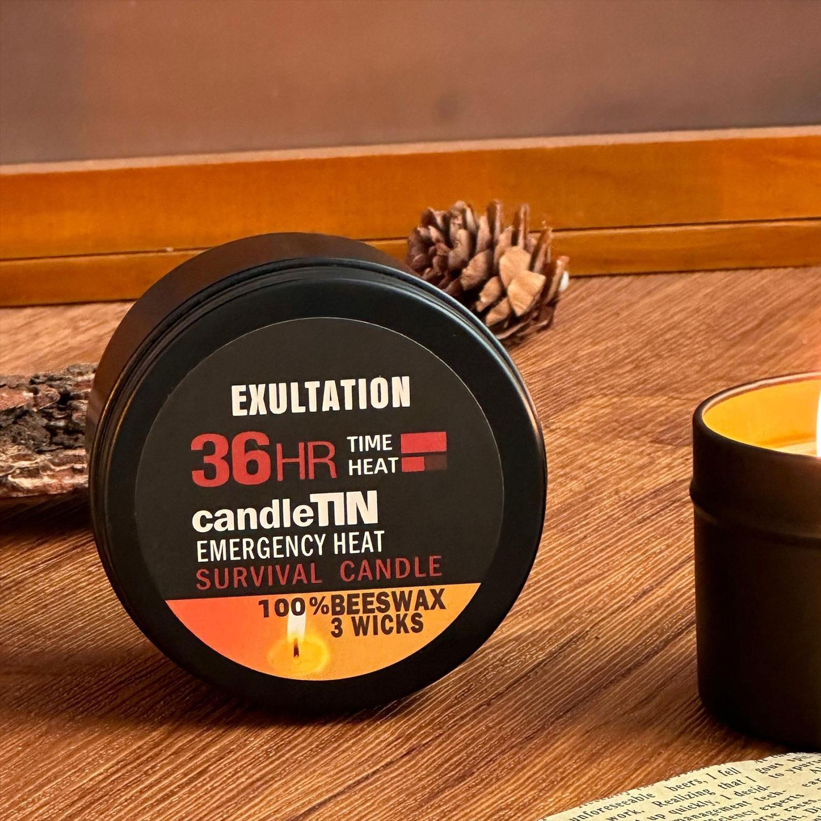 Survival Candle Tin 100% Natural Beeswax 3-Wick Candle Outdoor Camping Emergency