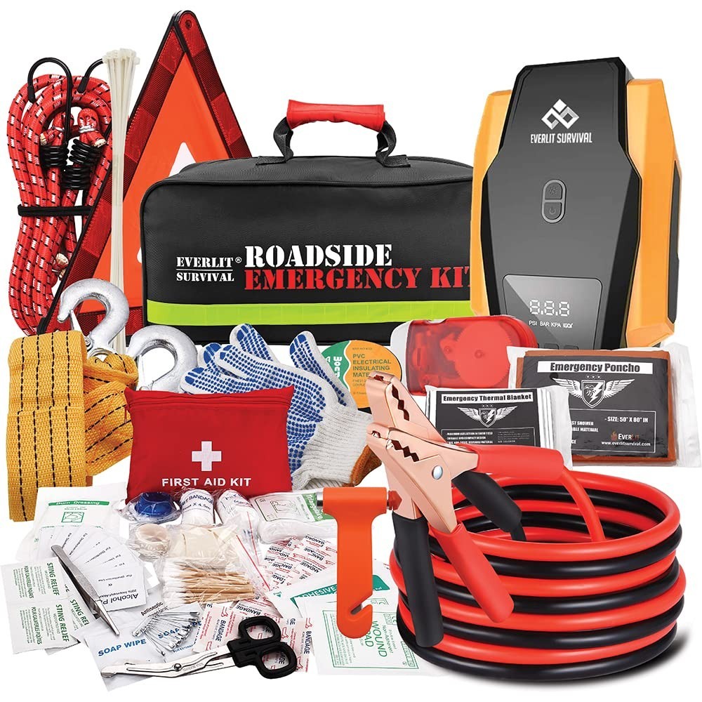 Emergency Car Survival Kit – Roadside Safety Tools, Tire Inflator, First Aid, Ju