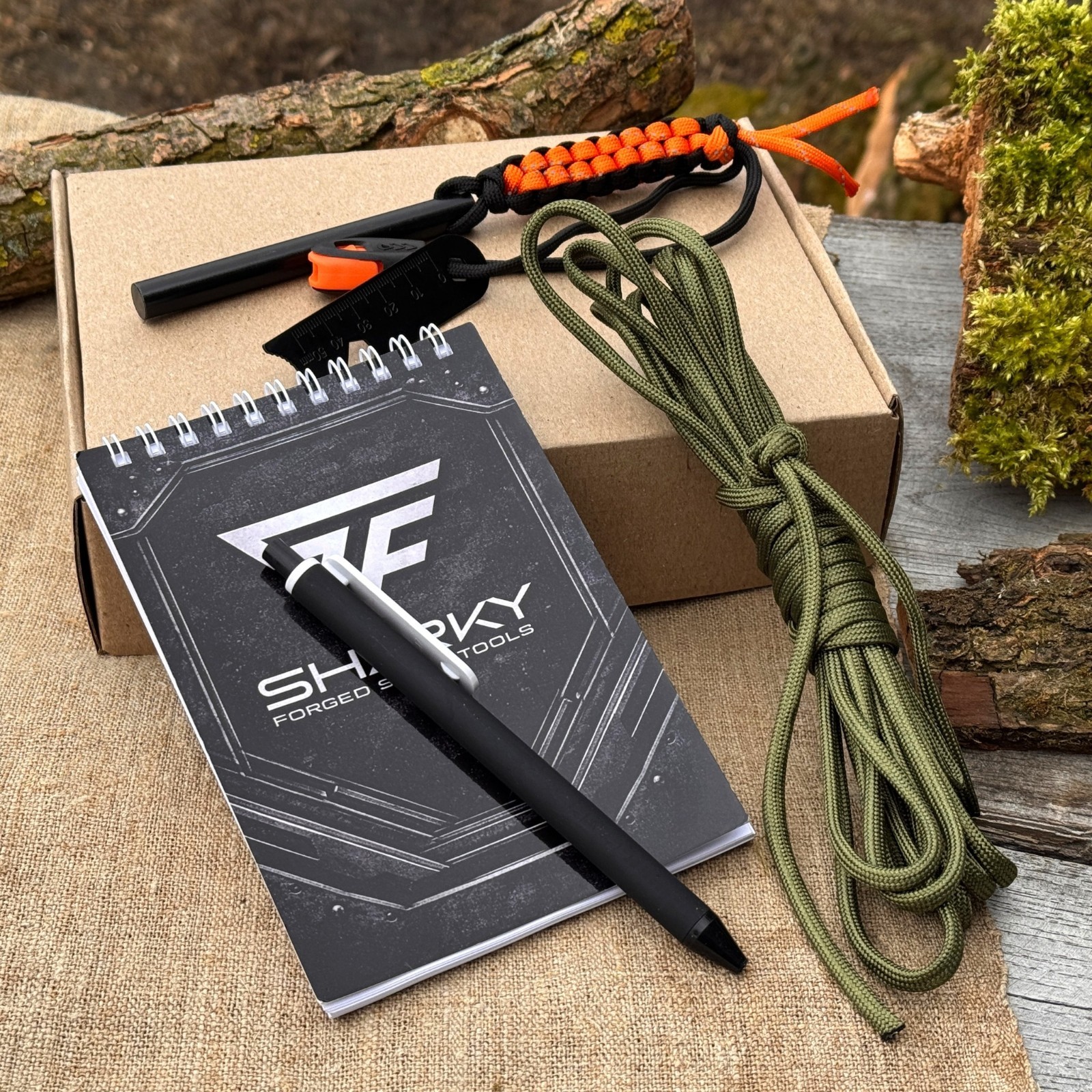 Camping Survival Kit with Ferro Rod Notebook Pen Paracord Bushcraft Gear Sharky