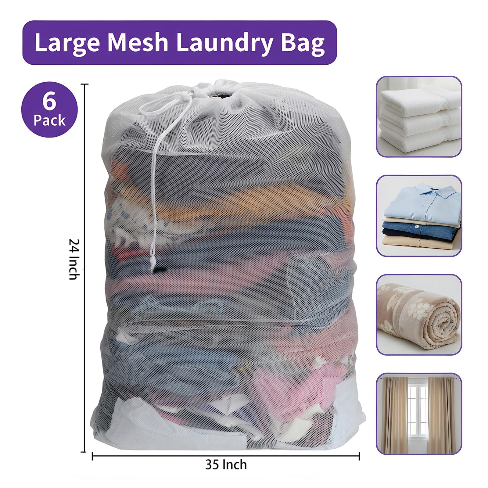 Nicunom 6 Pack Mesh Laundry Bag with Drawstring 6 24″x 36″, white