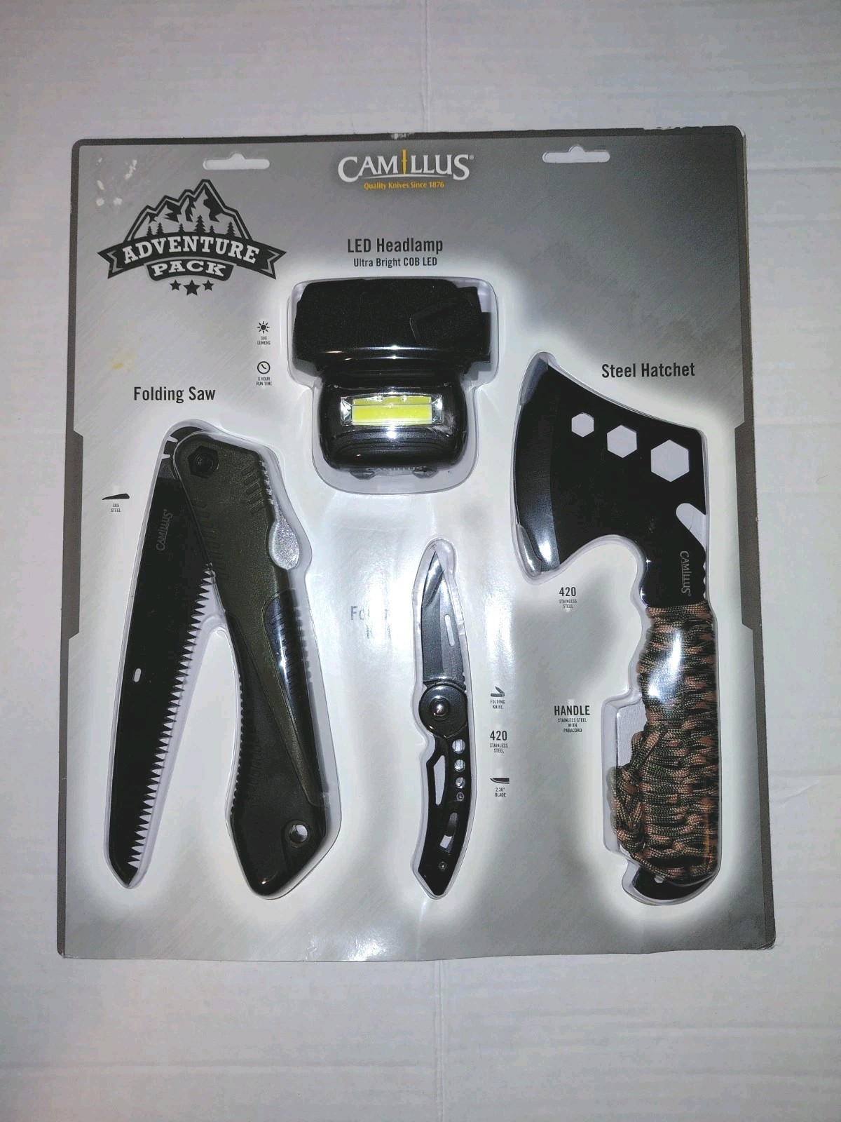 Camillus Adventure Pack Camping Set Hatchet Knife Saw LED Headlamp New