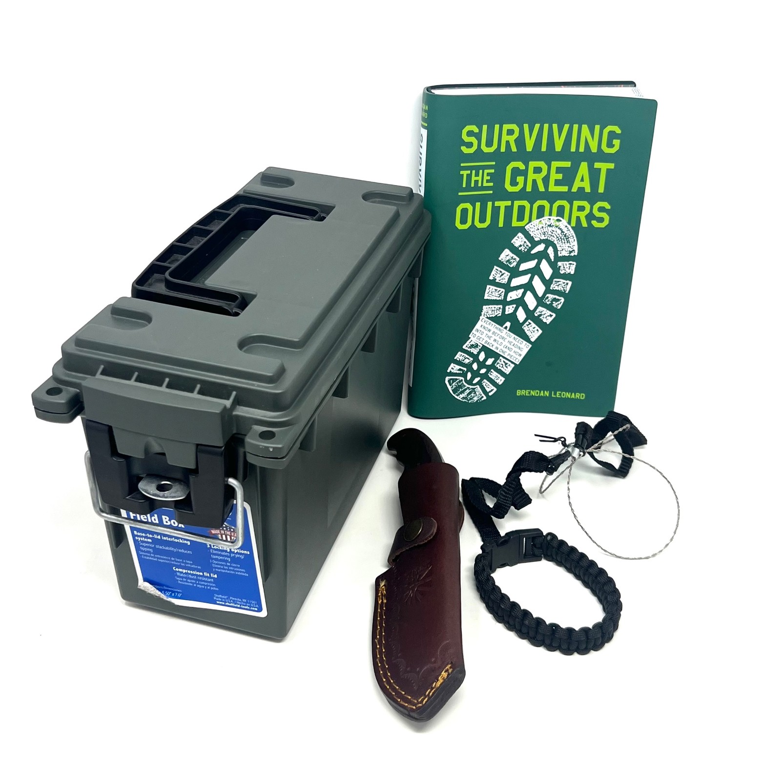 Sheffield Field Ammo Box w “Surviving The Great Outdoors” Book & Survival Gear