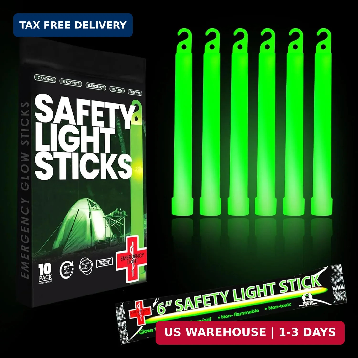 Emergency 10 Ultra Bright Green Glow Sticks – Individual Packed With Lanyard – F